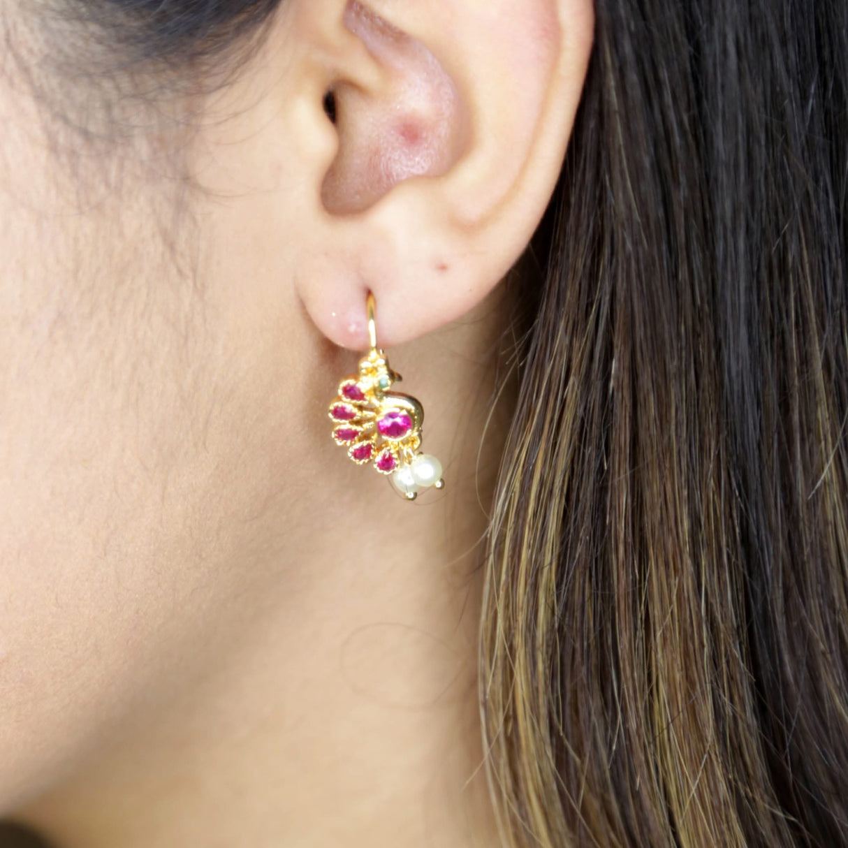 Indian Peacock Earrings for Women - Indian Jhumka Earrings for Women Small Tops Earring in Golden Tone Faux Pearl Bollywood Style Dangle Earring Chandelier Jhumki Jewelry for Bride - LoveNspire