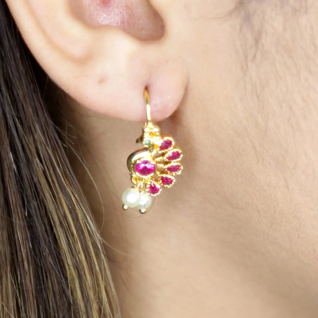 Indian Peacock Earrings for Women - Indian Jhumka Earrings for Women Small Tops Earring in Golden Tone Faux Pearl Bollywood Style Dangle Earring Chandelier Jhumki Jewelry for Bride - LoveNspire