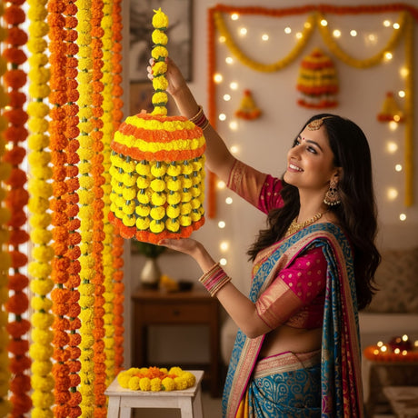 Yellow and orange marigold garland with intricate woven design for Indian and festive decor