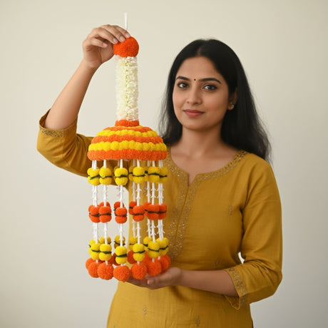 Orange and yellow pom-pom garland with white string for Indian and Mexican festive decor