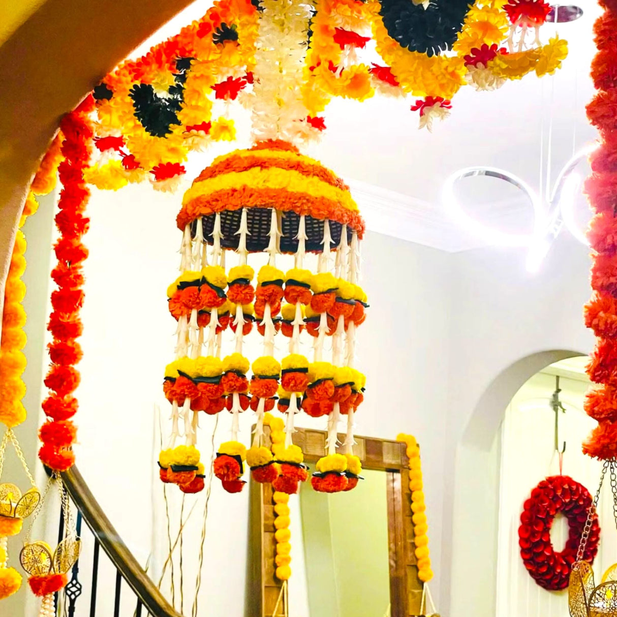 Jumbo Artificial Marigold Flowers Jumbo Jhoomar Indian Themed Party Decorations Wedding Diwali Navratri Puja Decor Day of the Dead Dia De Los Muertos Ofrenda Mexican Fiesta Halloween - LoveNspire