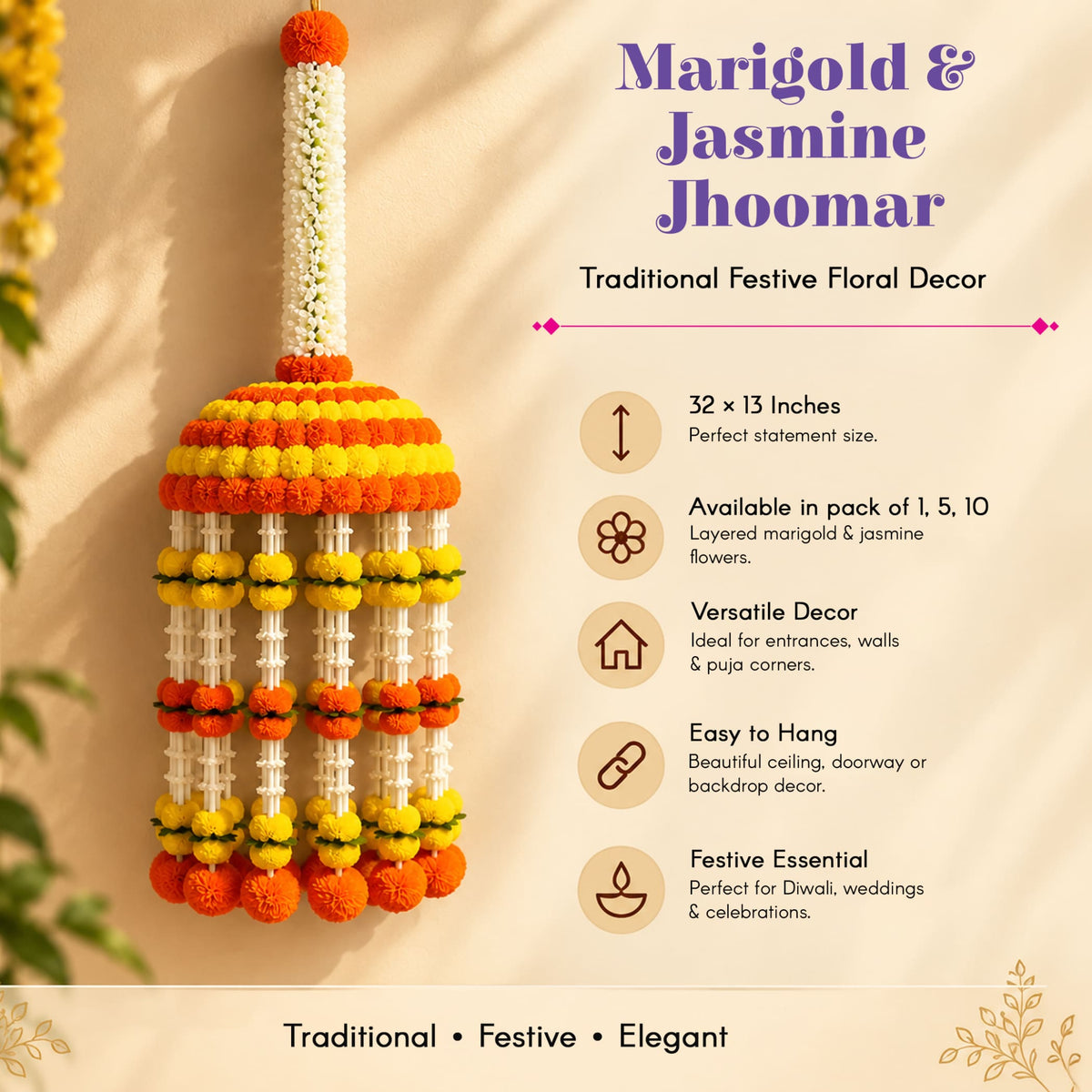 Jumbo artificial marigold jhoomer chandelier garland in vibrant orange yellow with white jasmine accents for festive decor