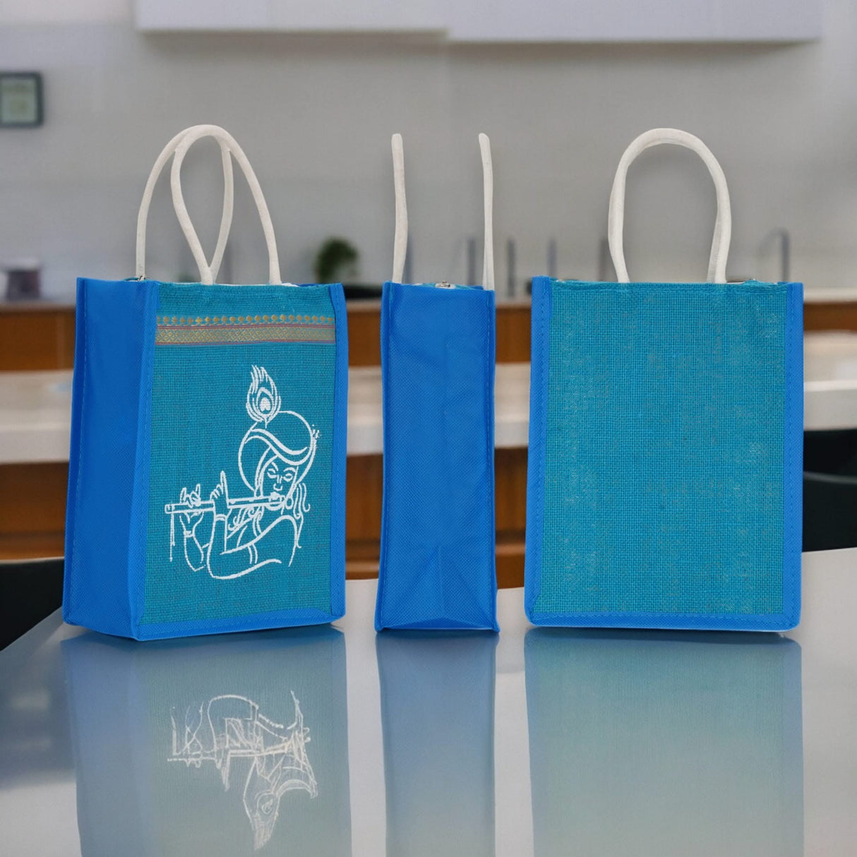 Jute Bag with Krishna Print Burlap Gift Bags Reusable Tote Bag Gift Diy Crafts Indian Wedding Favor Return Gifts - LoveNspire