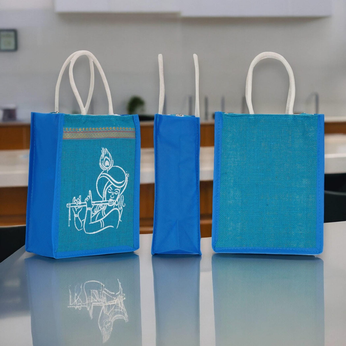 Jute Bag with Krishna Print Burlap Gift Bags Reusable Tote Bag Gift Diy Crafts Indian Wedding Favor Return Gifts - LoveNspire