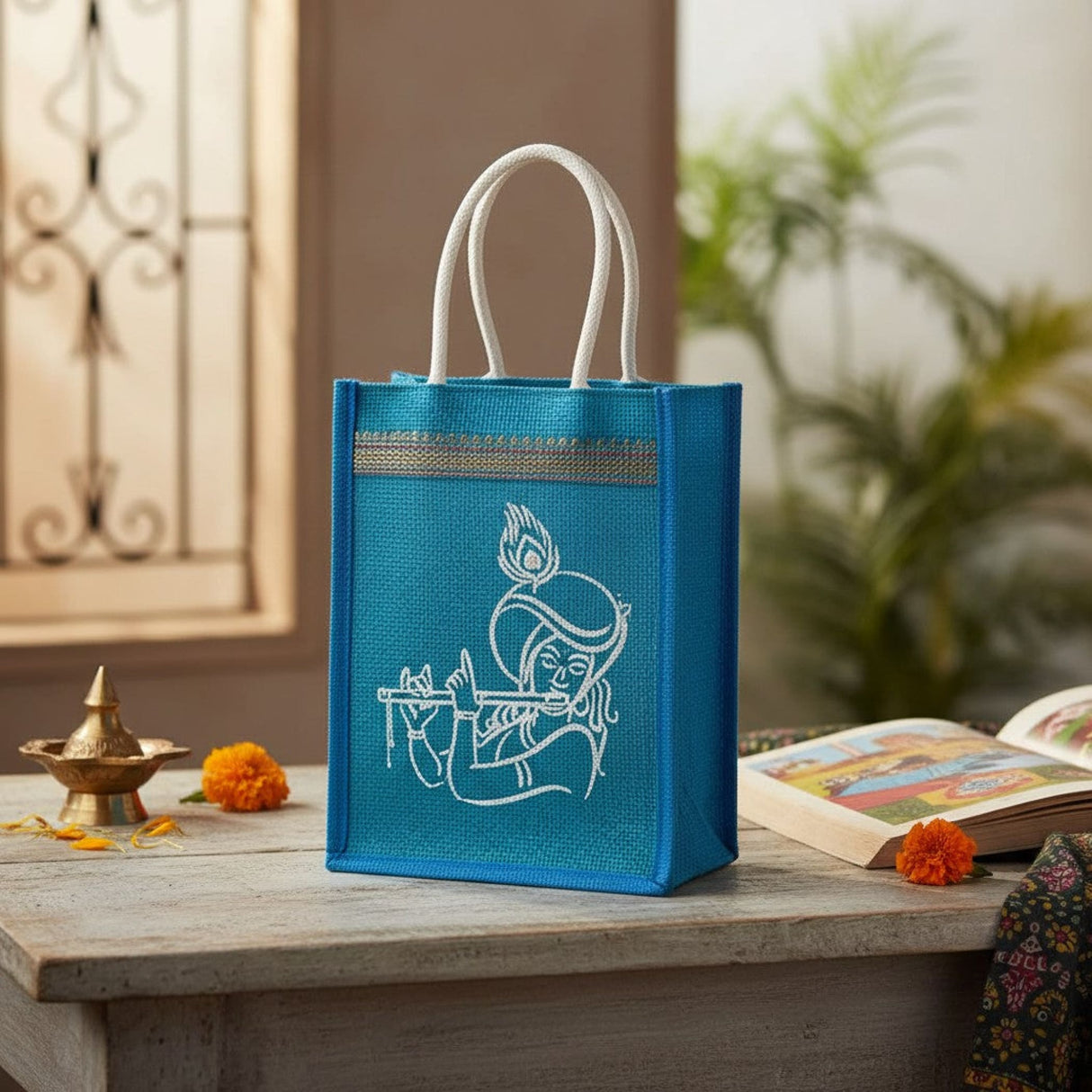Blue jute tote bag with white Krishna flute embroidery and cream handles