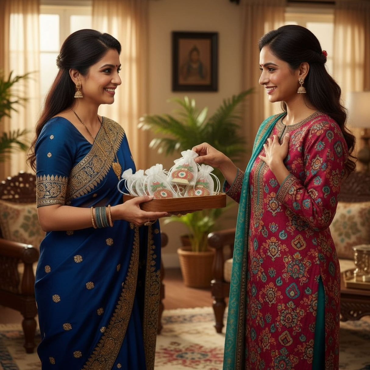 Blue and gold embroidered saree with intricate patterns for Indian festival and traditional attire