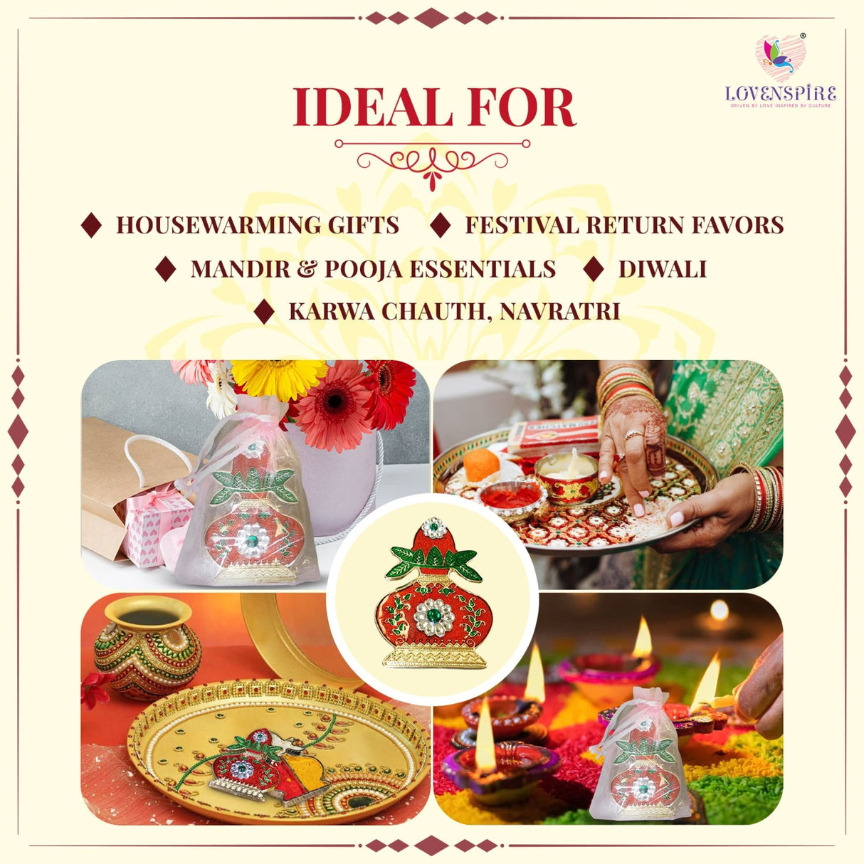 Kalash Haldi Kumkum Holder Decorative Bulk Roli Chawal/rice Holder Indian Festival Favor Diwali Rakhi Pooja Mandir Tika Platter Housewarming Gifts - LoveNspire