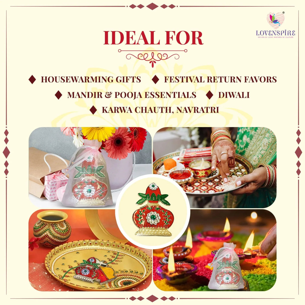 Kalash Haldi Kumkum Holder Decorative Bulk Roli Chawal/rice Holder Indian Festival Favor Diwali Rakhi Pooja Mandir Tika Platter Housewarming Gifts - LoveNspire