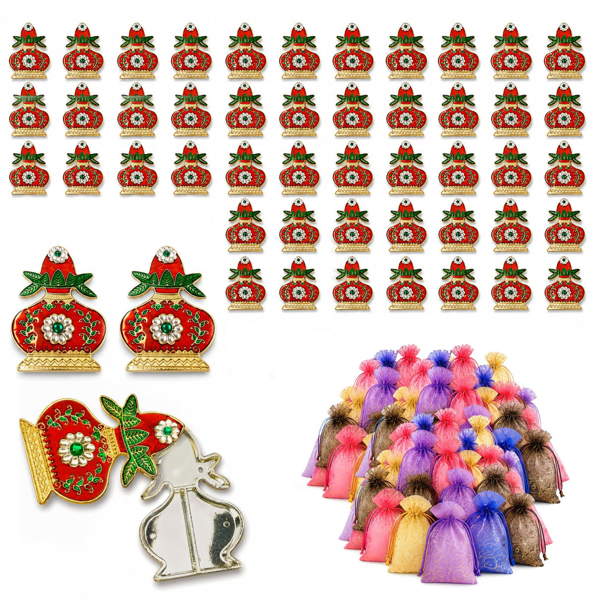 Decorative kalash haldi kumkum holder enamel pins in red and gold with white floral patterns and emerald gemstone for pooja