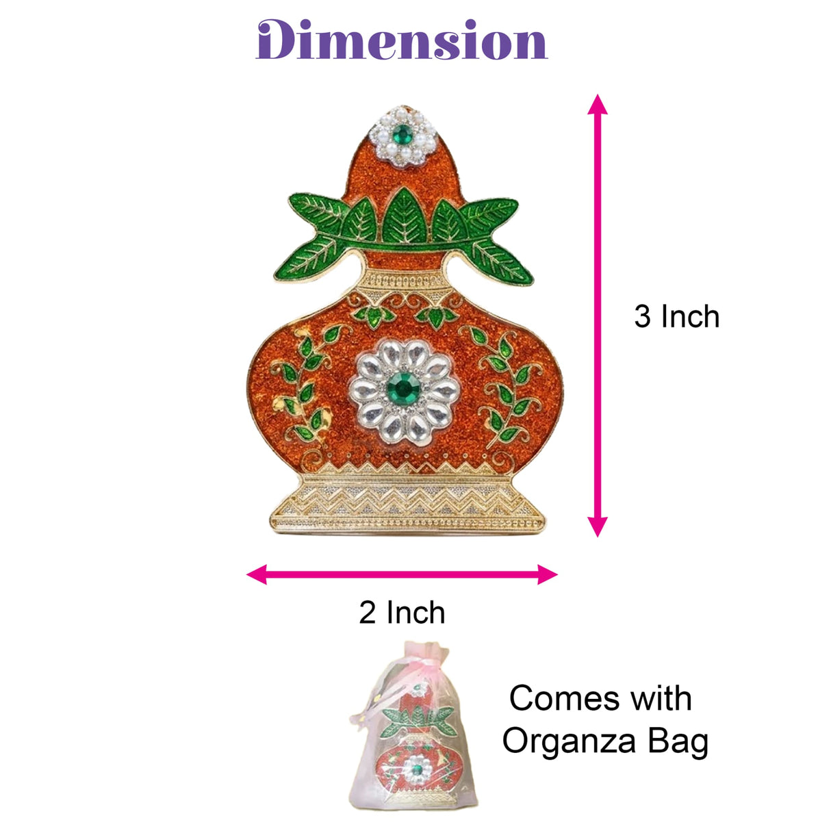 Decorative kalash haldi kumkum holder pot-shaped pin in orange gold with emerald and white crystal for pooja thali
