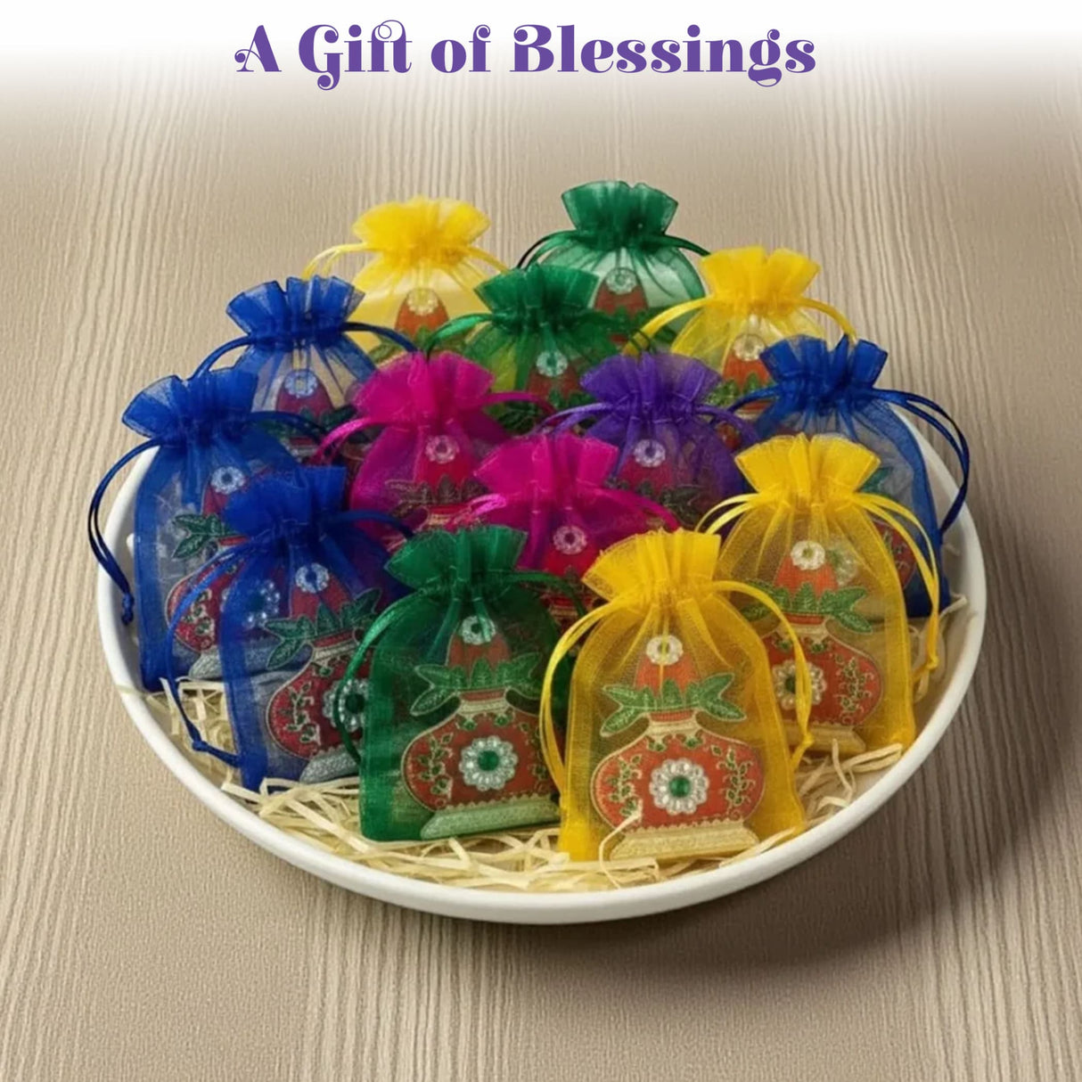 Colorful sheer organza kalash haldi kumkum holder bags with embroidered red and green patterns for diwali pooja use