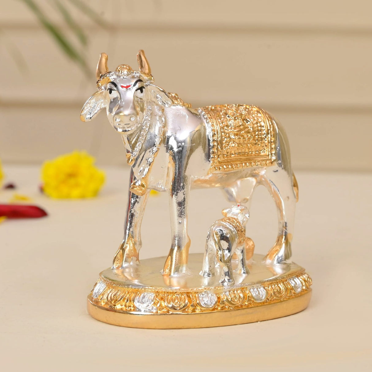 Silver and gold cow and calf figurine for Diwali decor and good luck gifting