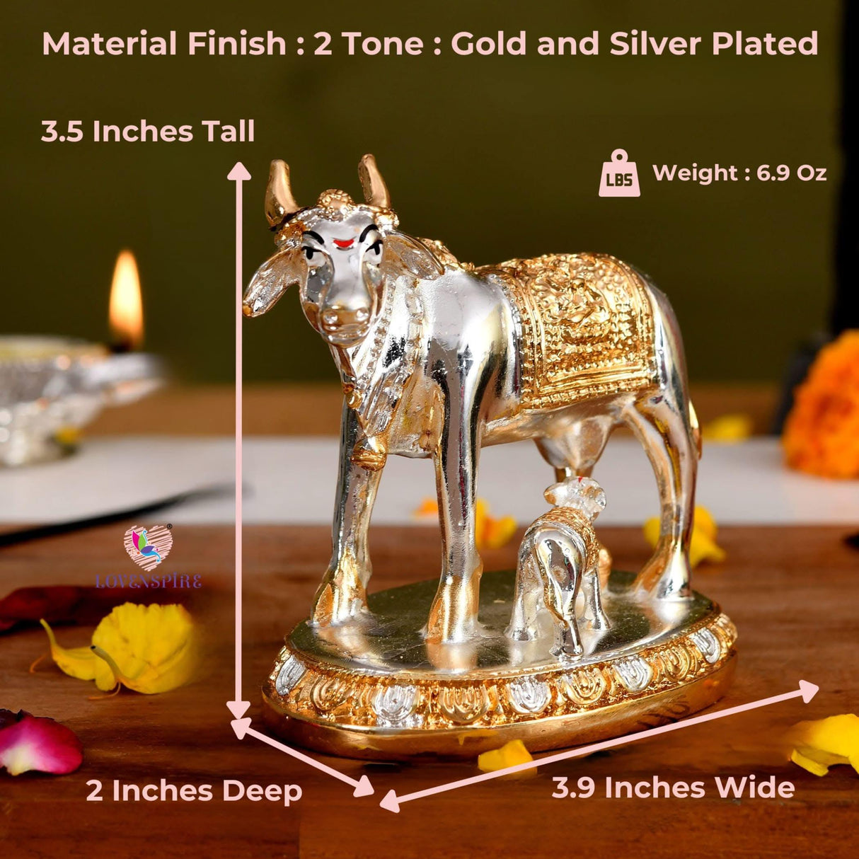Kamdhenu Cow and Calf Kamadhenu Idol Murti Statue Diwali Gift Decorative Item Figurine Showpiece for Home Office Temple Pooja Decor Good Luck Janmashtami Housewarming Wedding Gift - LoveNspire