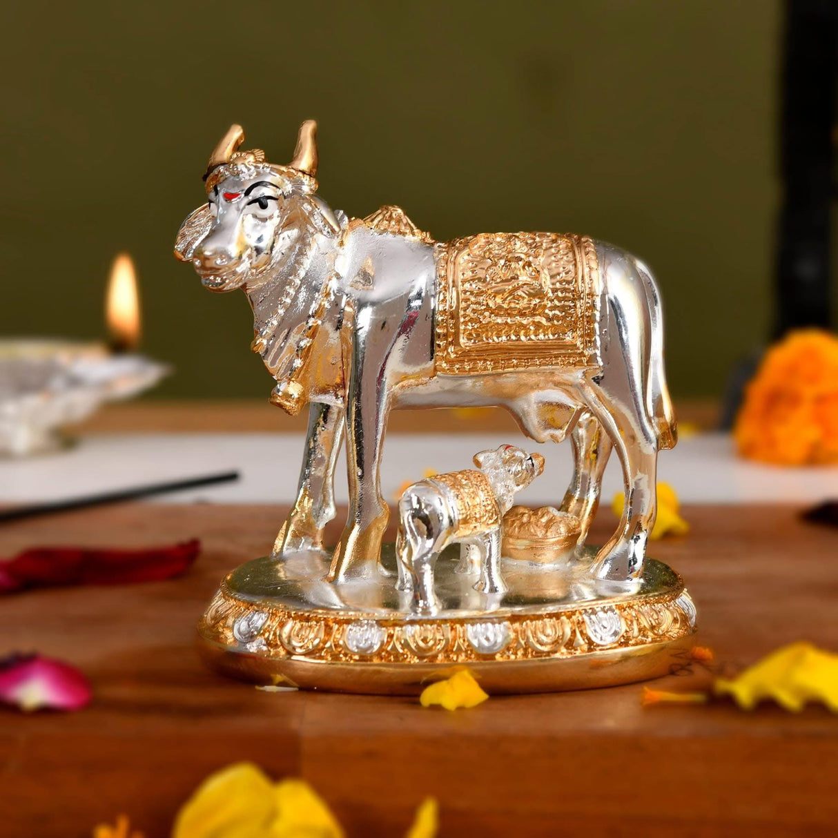 Kamdhenu Cow and Calf Kamadhenu Idol Murti Statue Diwali Gift Decorative Item Figurine Showpiece for Home Office Temple Pooja Decor Good Luck Janmashtami Housewarming Wedding Gift - LoveNspire