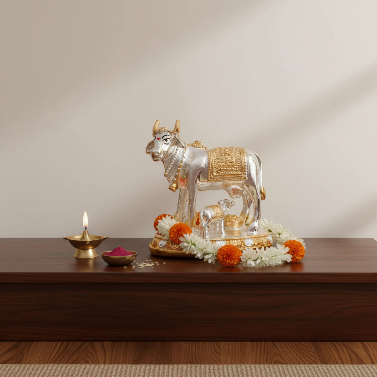 Silver gold-plated Kamdhenu cow calf idol with saddle garlands