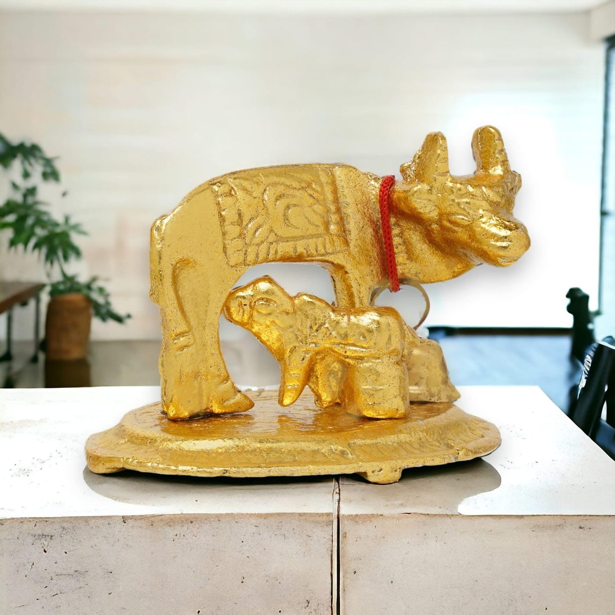 Kamadhenu Idol Murti Statue Diwali Gift Items Small Kamdhenu Cow with Calf Brass Finish Statue Decorative Item Showpiece for Home Office Temple Pooja Decor Housewarming Gift (2.5 Inches) - LoveNspire