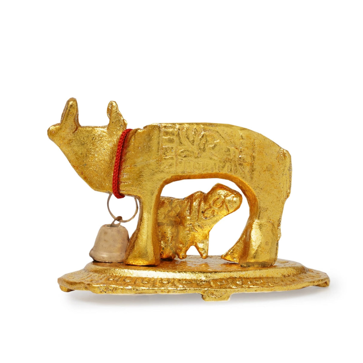 Kamadhenu Idol Murti Statue Diwali Gift Items Small Kamdhenu Cow with Calf Brass Finish Statue Decorative Item Showpiece for Home Office Temple Pooja Decor Housewarming Gift (2.5 Inches) - LoveNspire