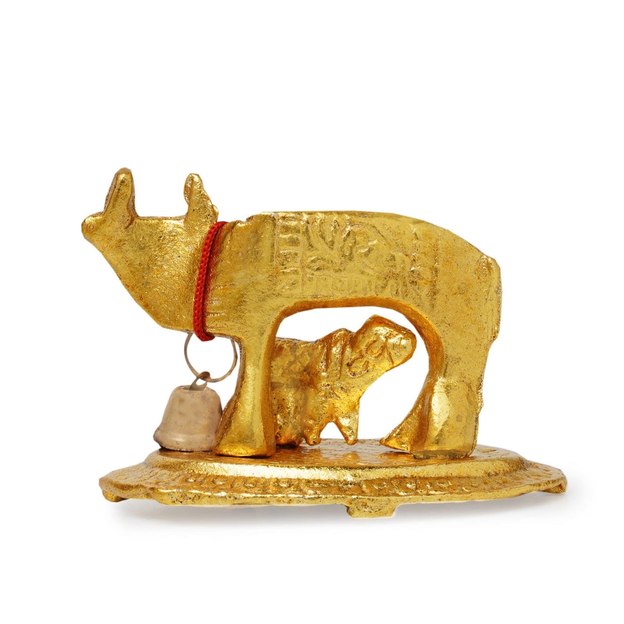 Kamadhenu Idol Murti Statue Diwali Gift Items Small Kamdhenu Cow with Calf Brass Finish Statue Decorative Item Showpiece for Home Office Temple Pooja Decor Housewarming Gift (2.5 Inches) - LoveNspire