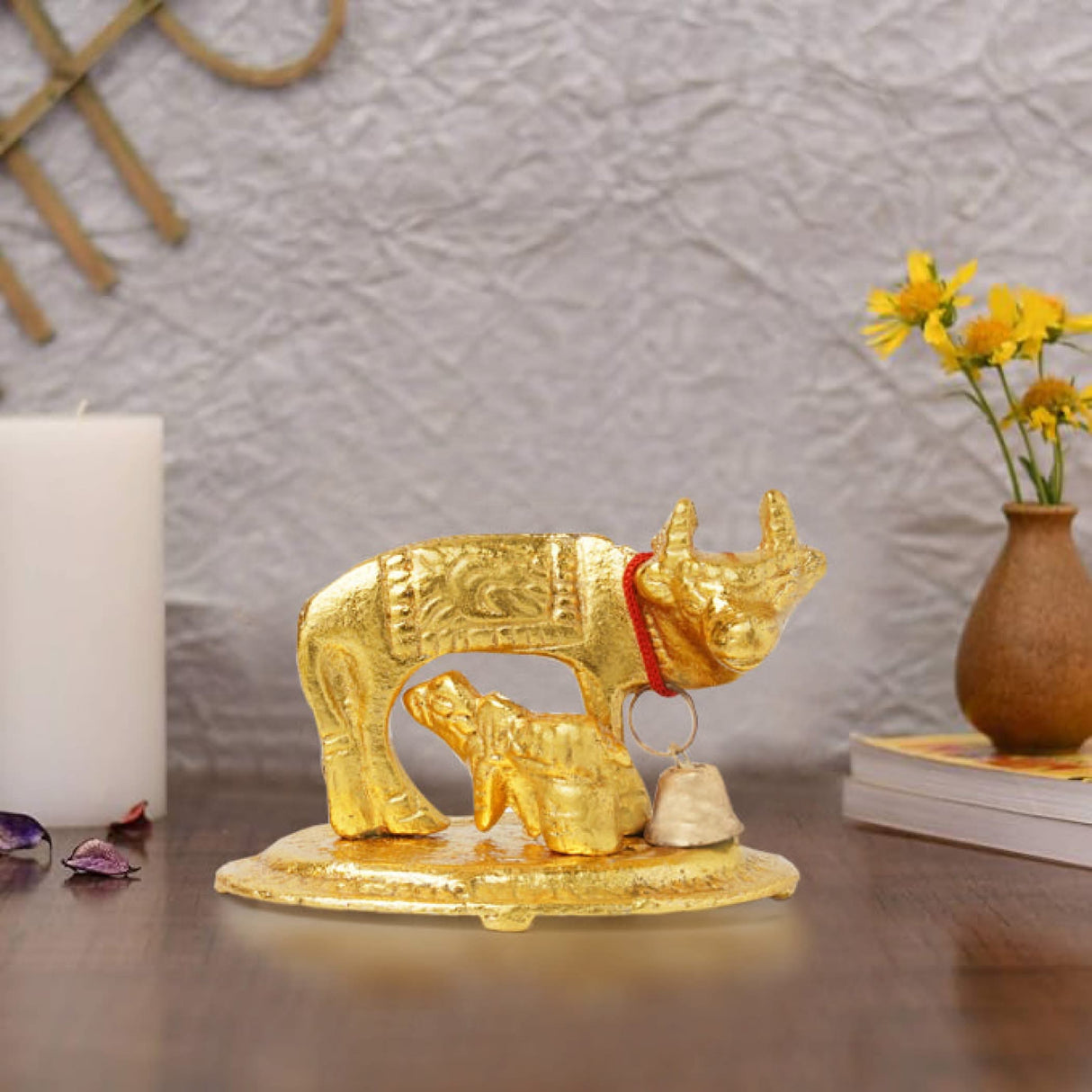 Kamadhenu Idol Murti Statue Diwali Gift Items Small Kamdhenu Cow with Calf Brass Finish Statue Decorative Item Showpiece for Home Office Temple Pooja Decor Housewarming Gift (2.5 Inches) - LoveNspire