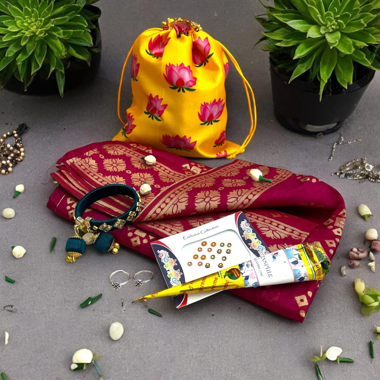 Karva Chauth Gift Hamper Navaratri Varalakshmi Vratham Karwachauth Teej Puja Housewarming Return Gifts - 925 Sterling Silver Toe Rings Pair Potli Bag Dupatta Bangle Bindi Mehndi Cone - LoveNspire