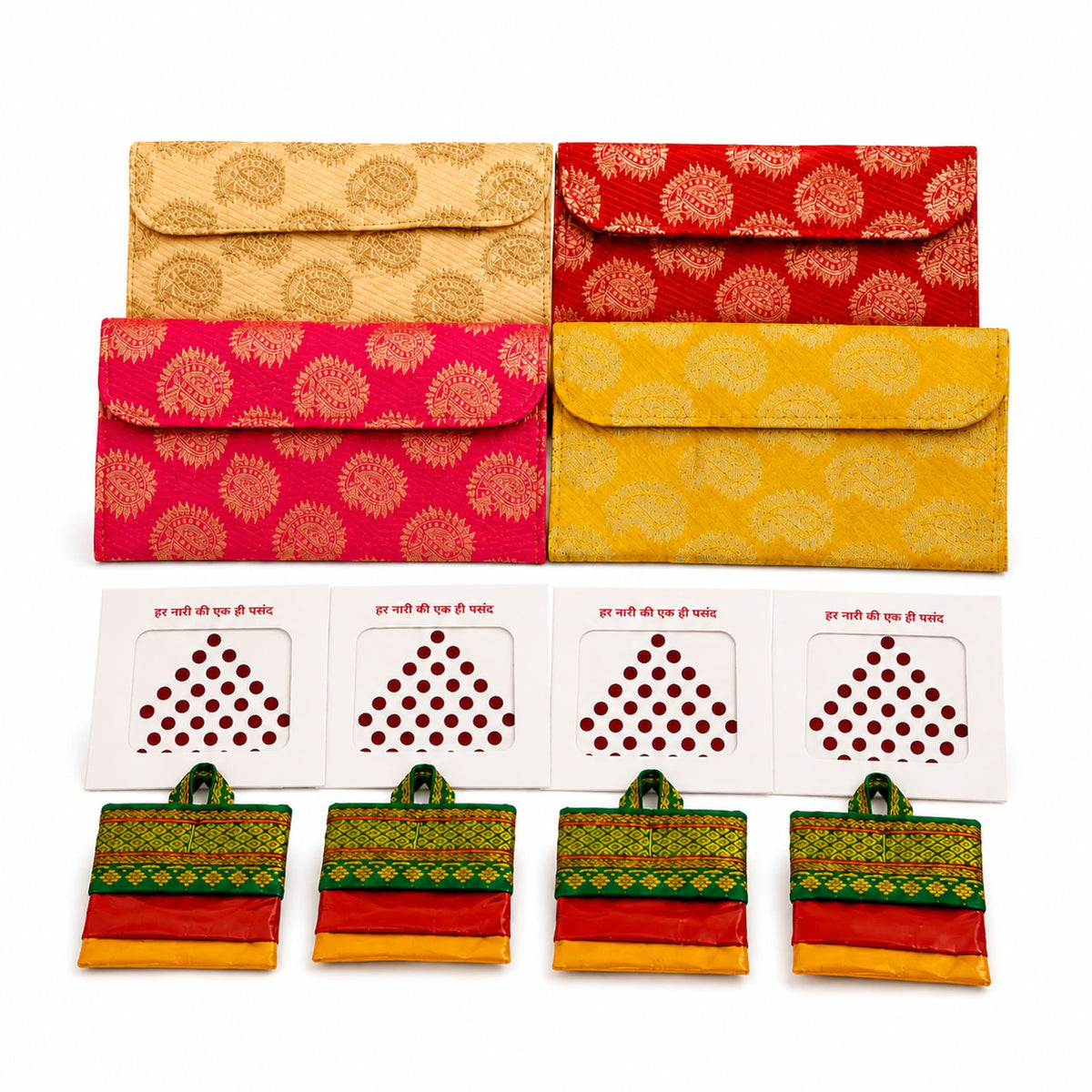 Four colorful fabric envelopes in gold red and yellow with paisley designs for navratri kanya pujan gift hamper