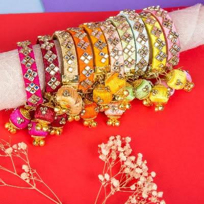 Karva Chauth Puja Gift Hamper Navaratri Varalakshmi Vratham Hindu Teej Pooja Sankranti Housewarming Return Gifts - Potli Bag Dupatta Mangalsutra with Earrings Bangle Bindi Mehndi Cone - LoveNspire