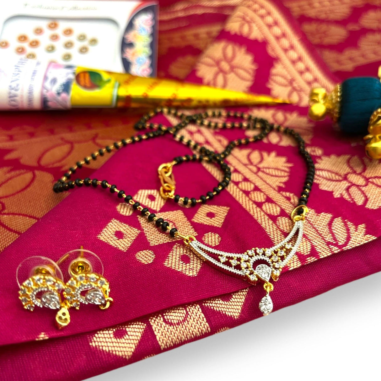 Karva Chauth Puja Gift Hamper Navaratri Varalakshmi Vratham Hindu Teej Pooja Sankranti Housewarming Return Gifts - Potli Bag Dupatta Mangalsutra with Earrings Bangle Bindi Mehndi Cone - LoveNspire
