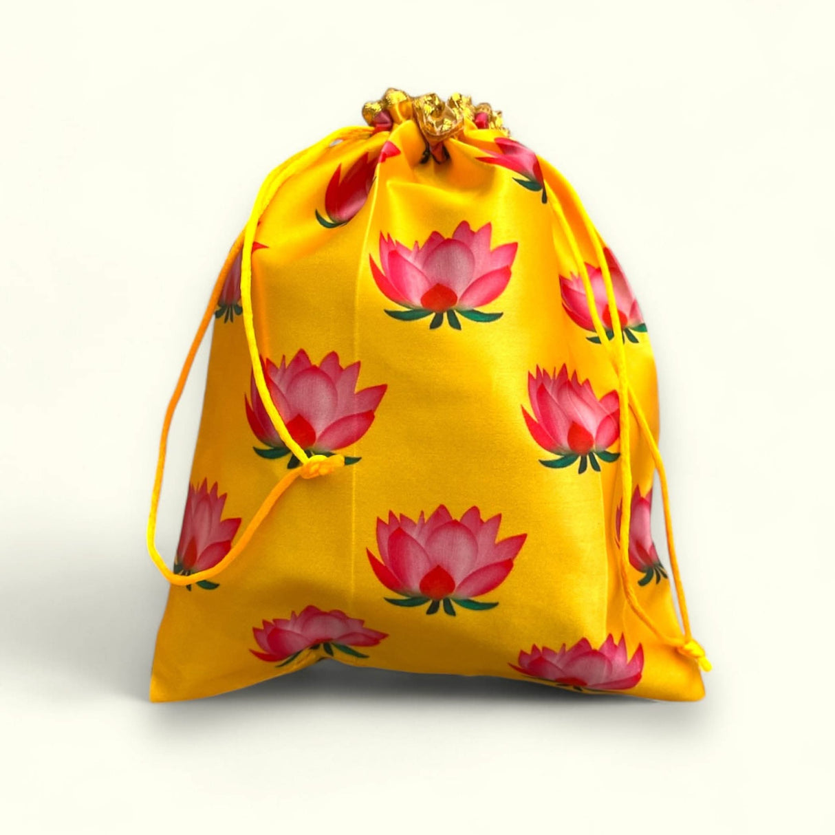 Yellow drawstring bag with lotus flower pattern for Hindu religious and festive occasions