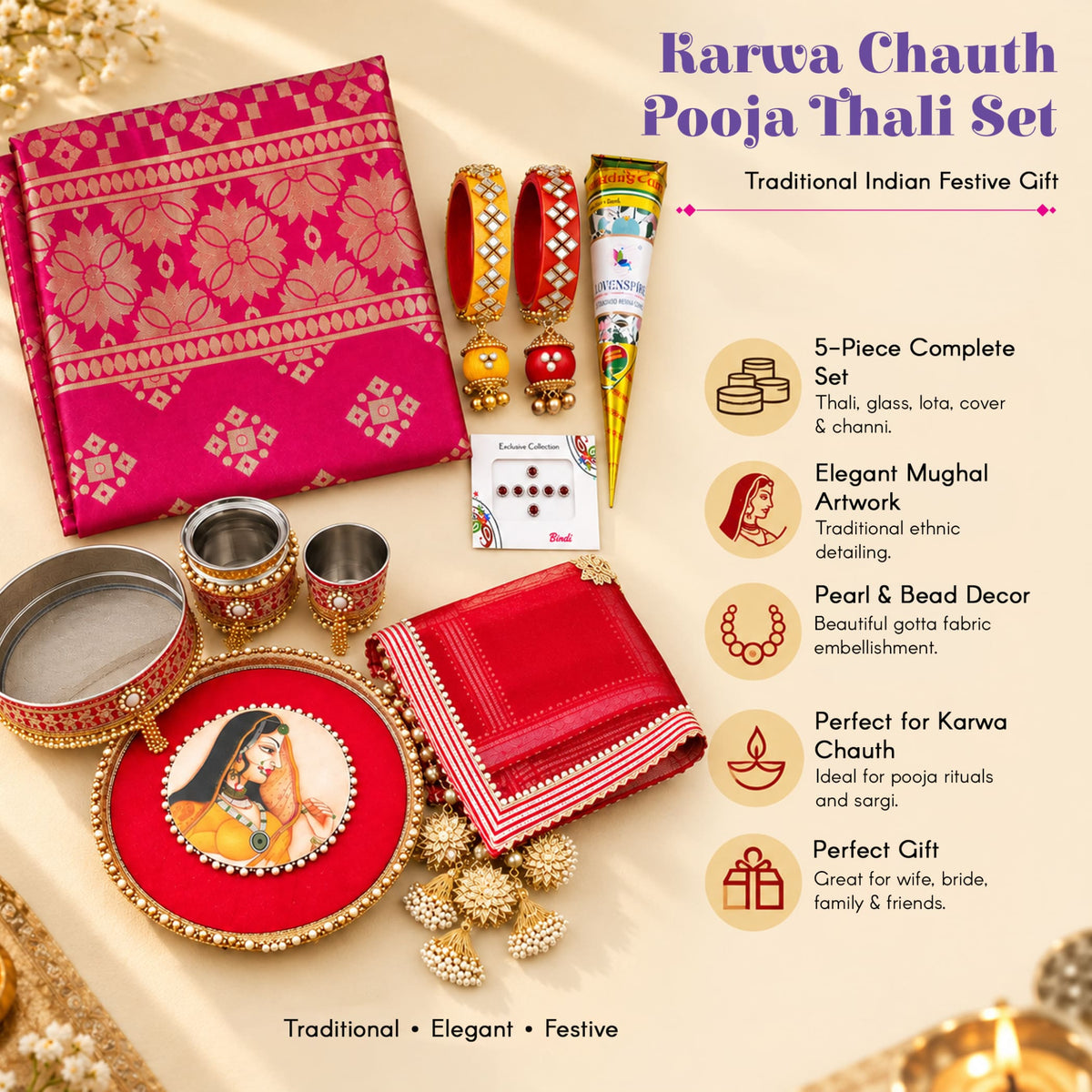 Traditional karwa chauth pooja thali set with vibrant pink and gold mughal embroidery and festive gifting accessories