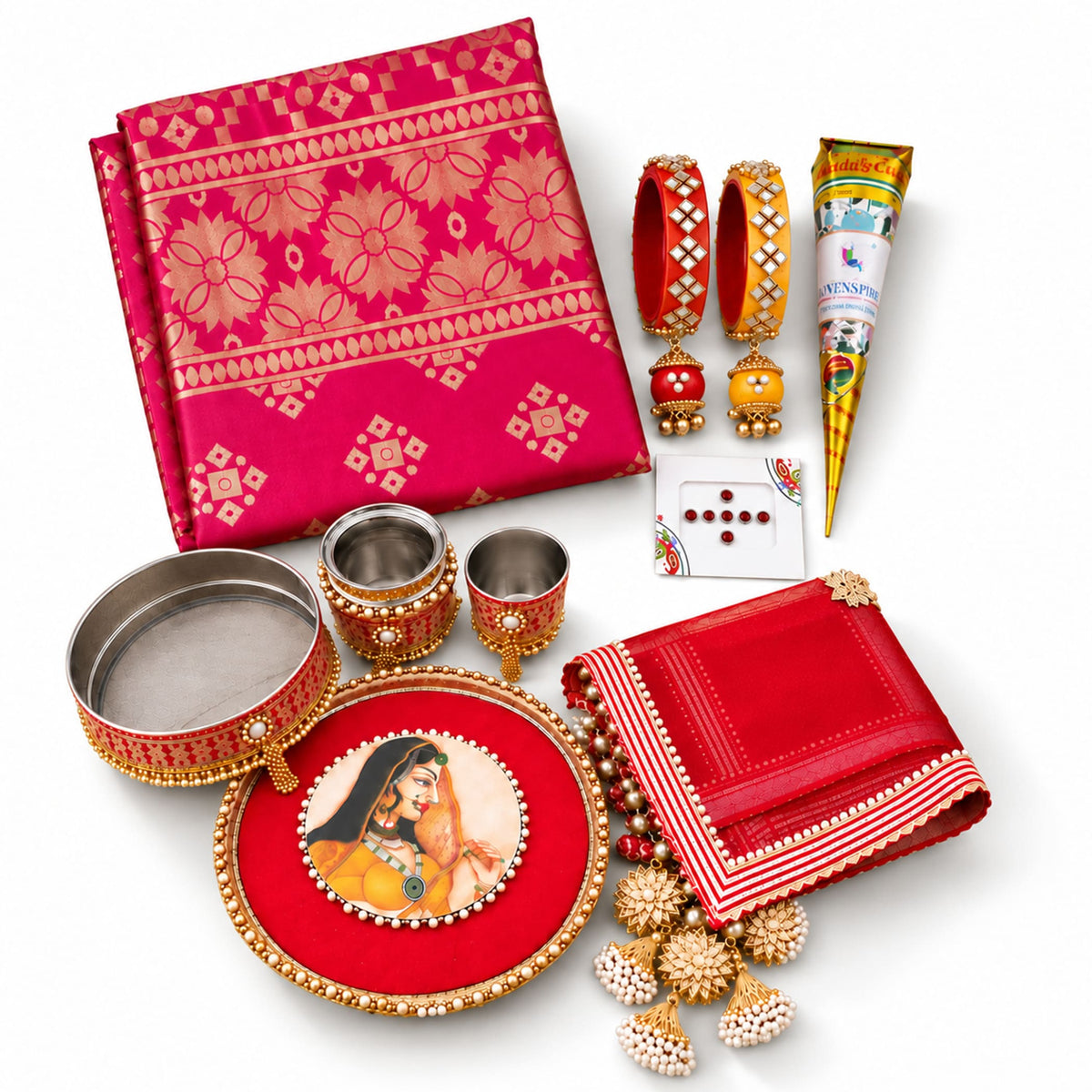 Karwa chauth pooja thali set for women featuring red and gold embroidered trays metallic containers and festive accessories