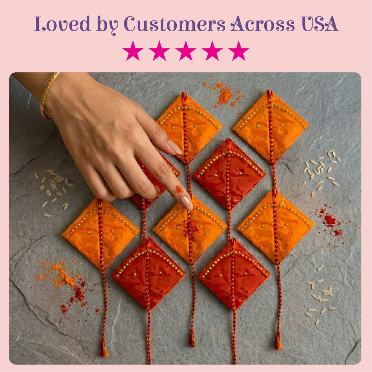 Orange and red diamond-shaped haldi kumkum packets with gold bead detailing and tassels for hindu wedding and puja