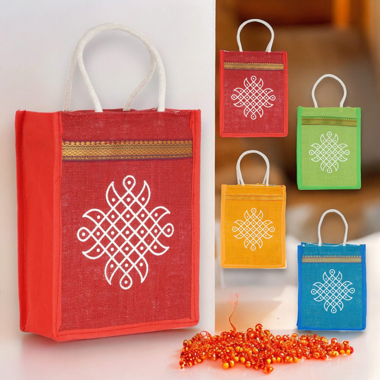 Kolam Jute Bag Burlap Gift Bags Eco-friendly Tote Bag for Bridesmaid Gift Indian Wedding Favor Return Gifts - LoveNspire