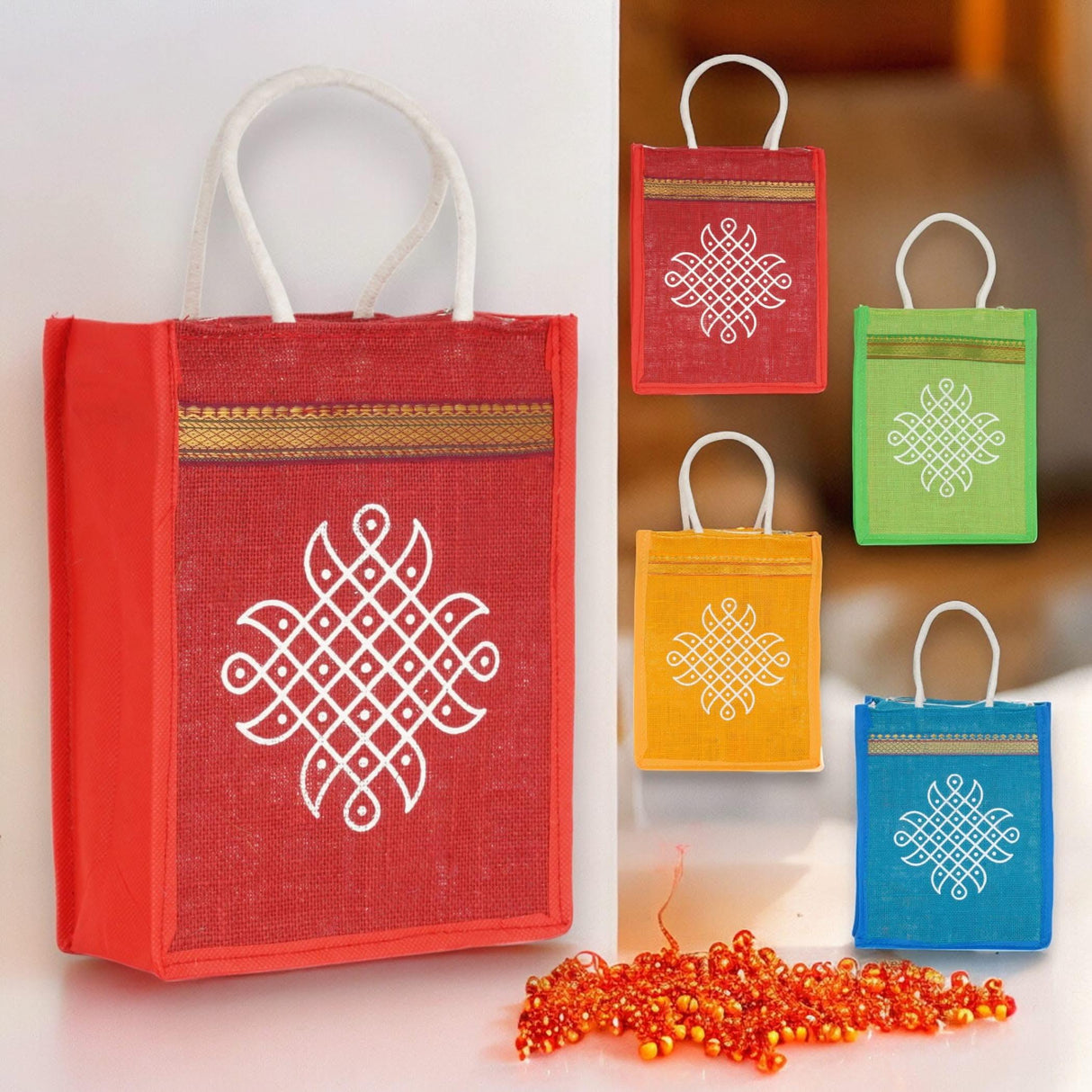 Kolam Jute Bag Burlap Gift Bags Eco-friendly Tote Bag for Bridesmaid Gift Indian Wedding Favor Return Gifts - LoveNspire