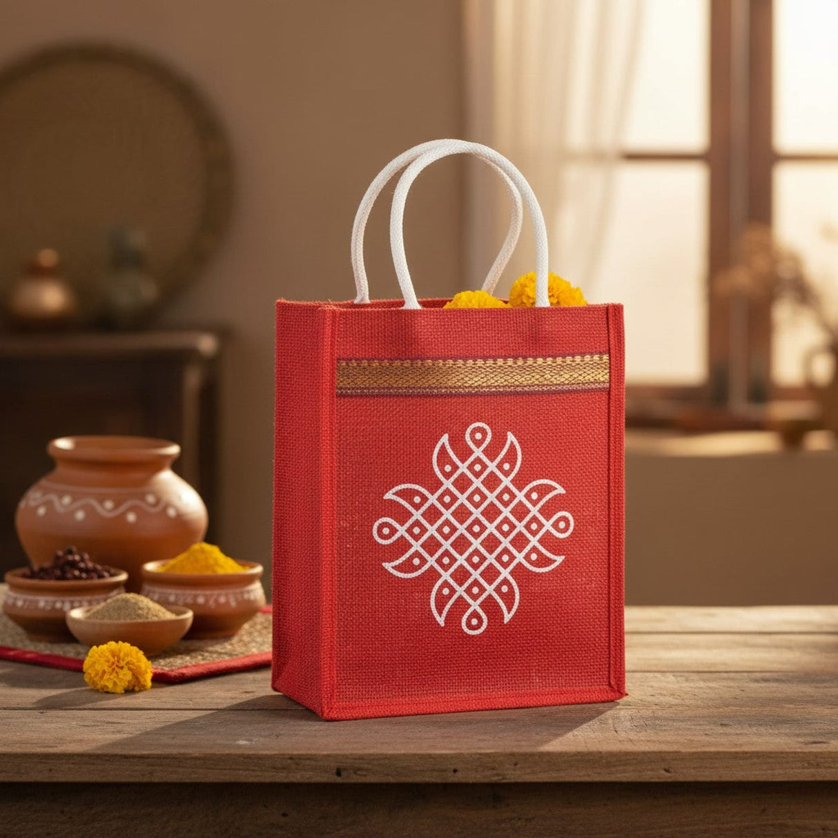 Red Kolam jute tote bag with white geometric embroidery, gold trim, sturdy white handles