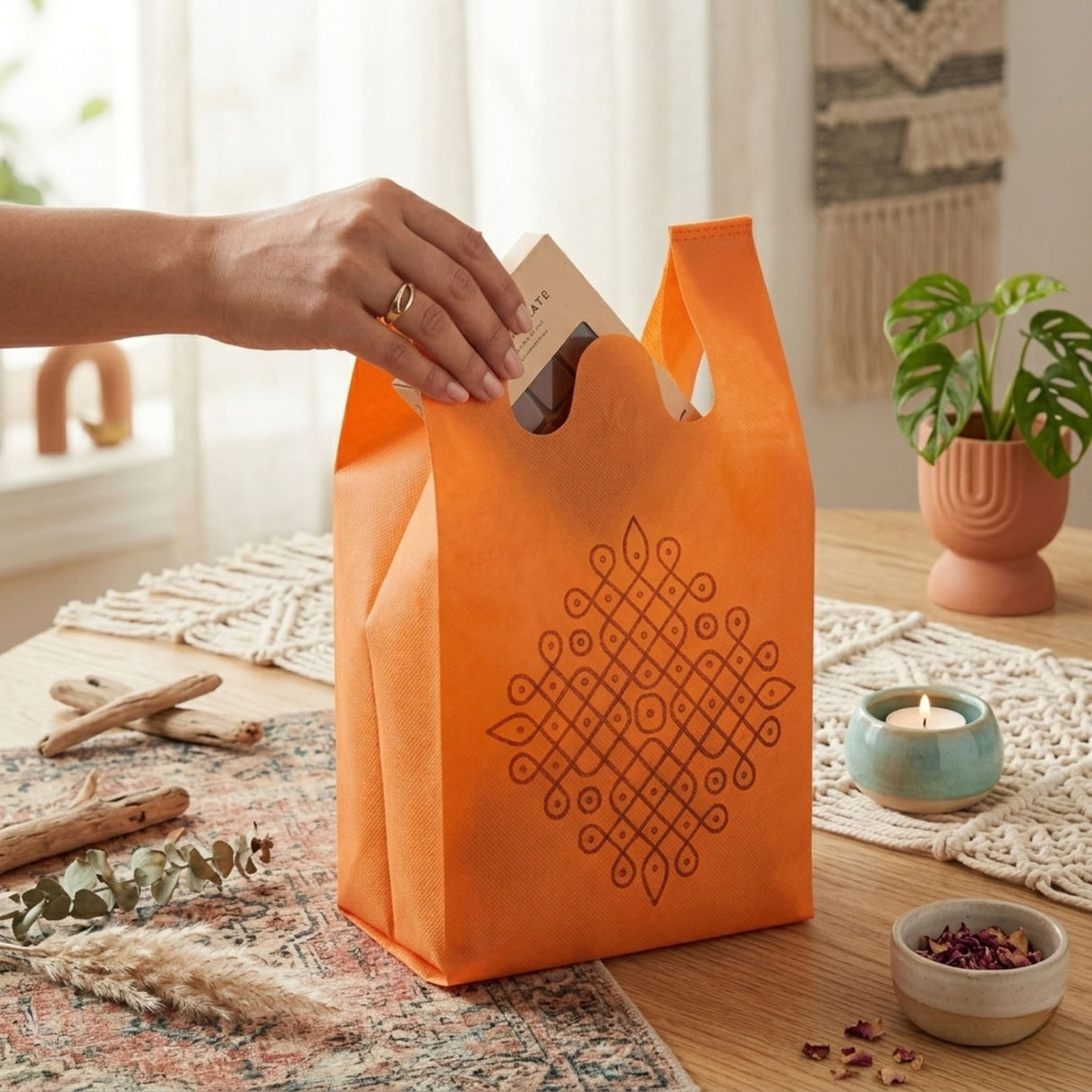 Orange reusable non woven tote bag with dark brown geometric kolam print for Indian wedding and puja favors