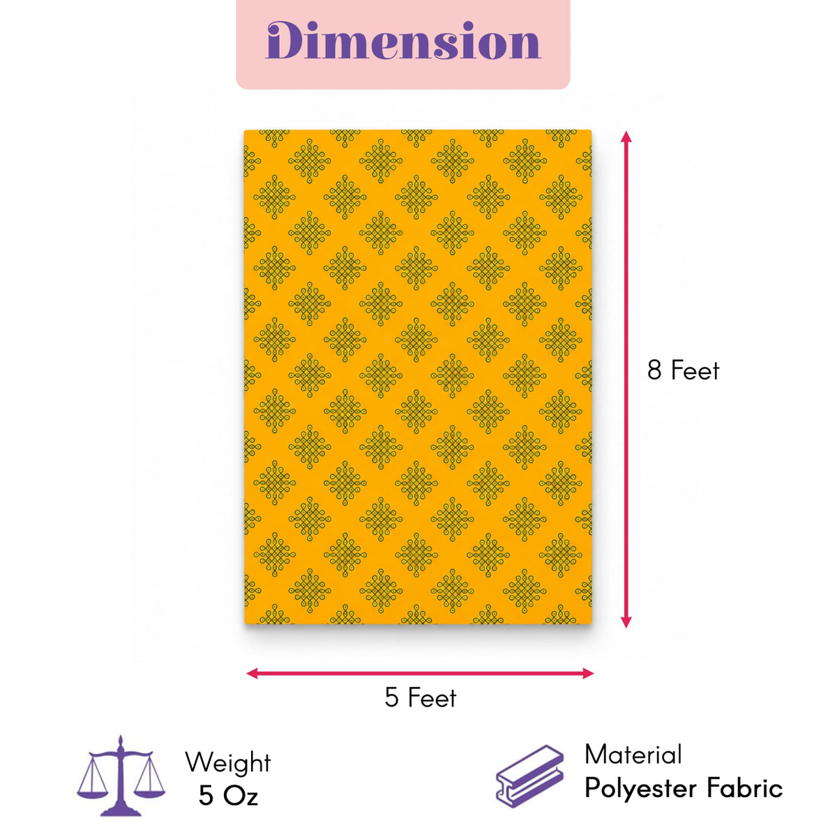 Yellow polyester kolam rangoli print backdrop with dark green geometric pattern and artificial marigold jasmine garlands
