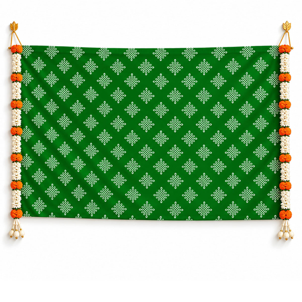 Green kolam rangoli print fabric banner with white geometric patterns and artificial marigold and jasmine garlands