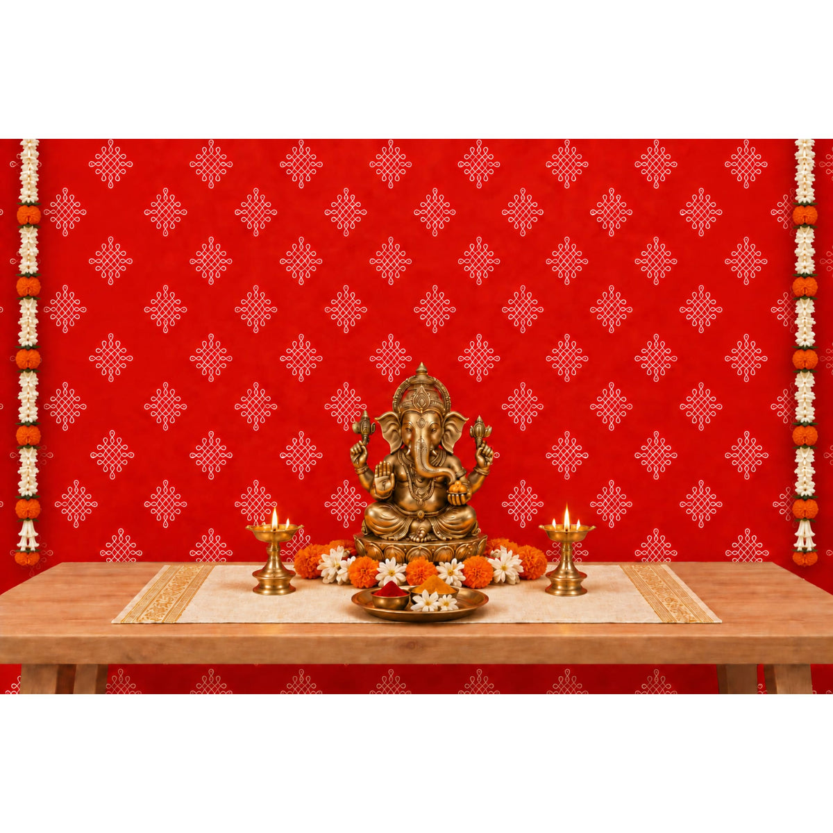 Golden ganesha statue with intricate detailing seated on pedestal with marigold and white flowers in kolam rangoli backdrop set