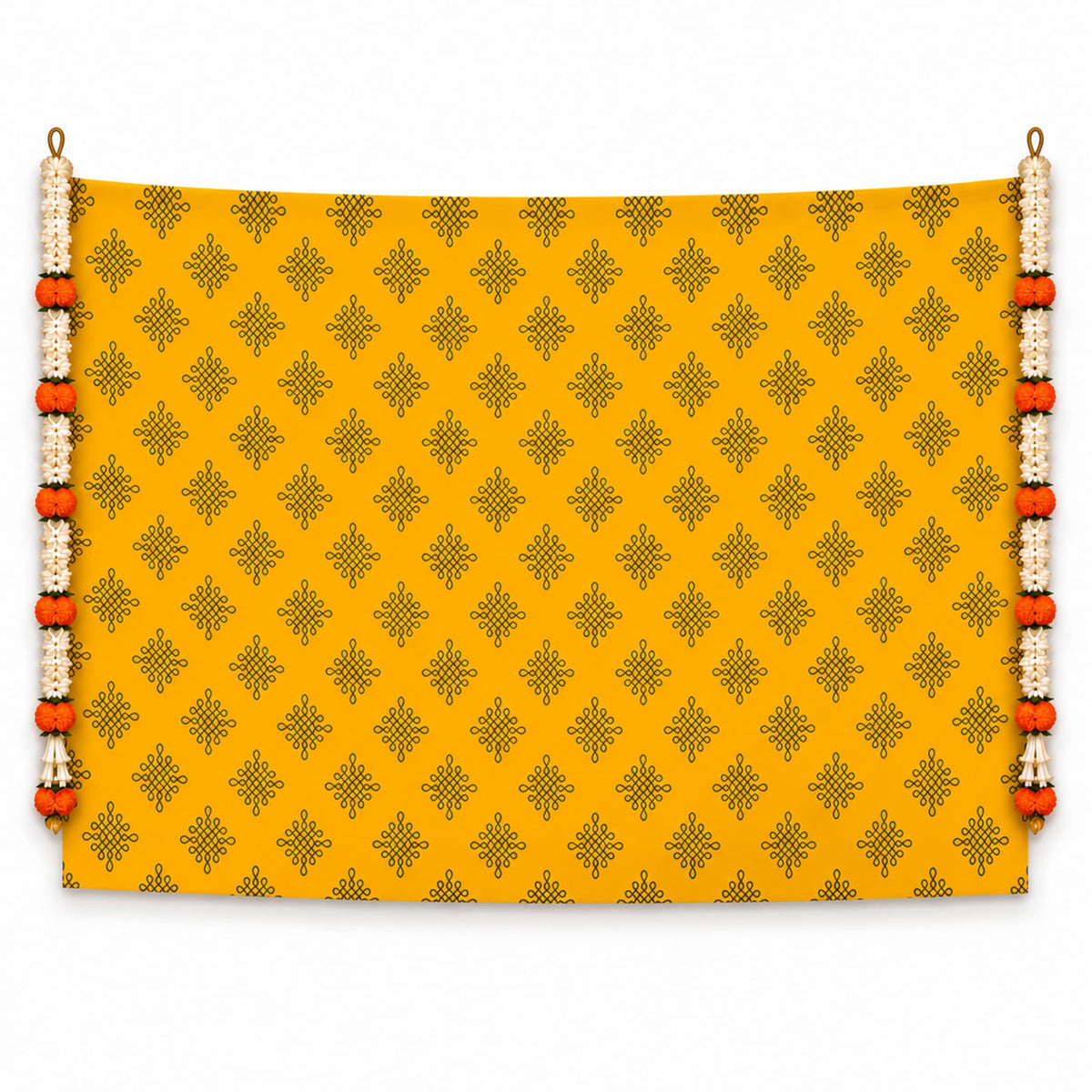 Vibrant yellow kolam rangoli print backdrop with dark brown geometric patterns and 2 artificial marigold and jasmine garlands