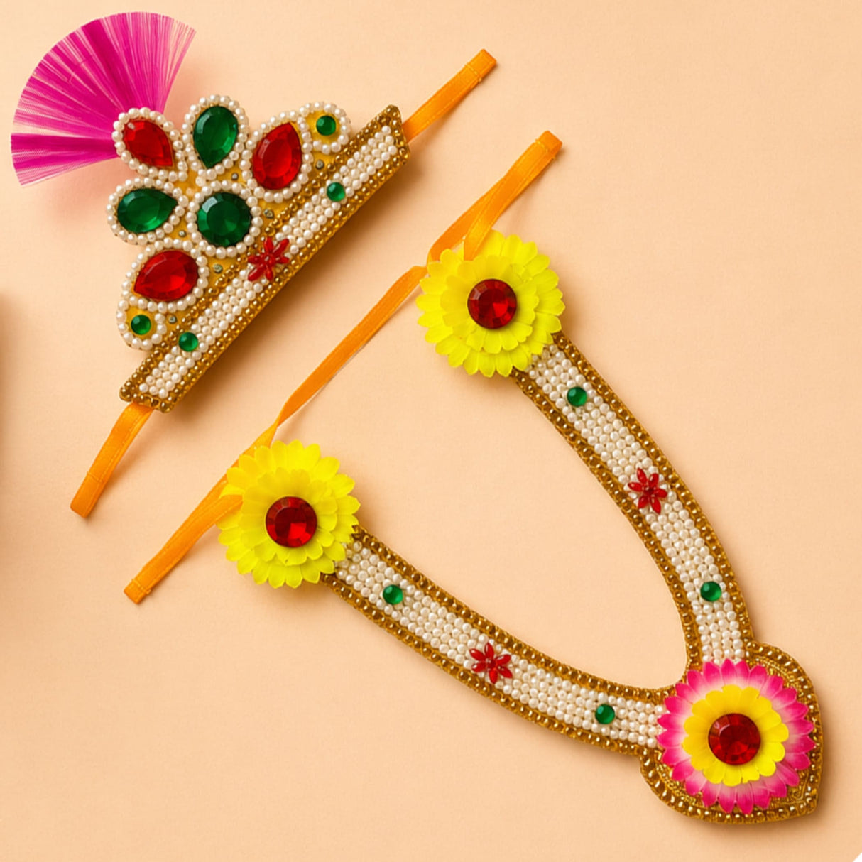 Krishna Janmashtami mukut and mala jewelry set featuring a vibrant beaded crown with red green gems and pearl necklace
