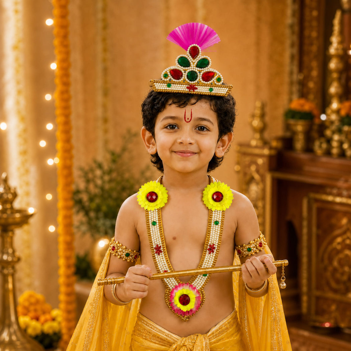 A young child in vibrant yellow traditional outfit wearing krishna janmashtami mukut and mala jewelry set with gold and gemstone details
