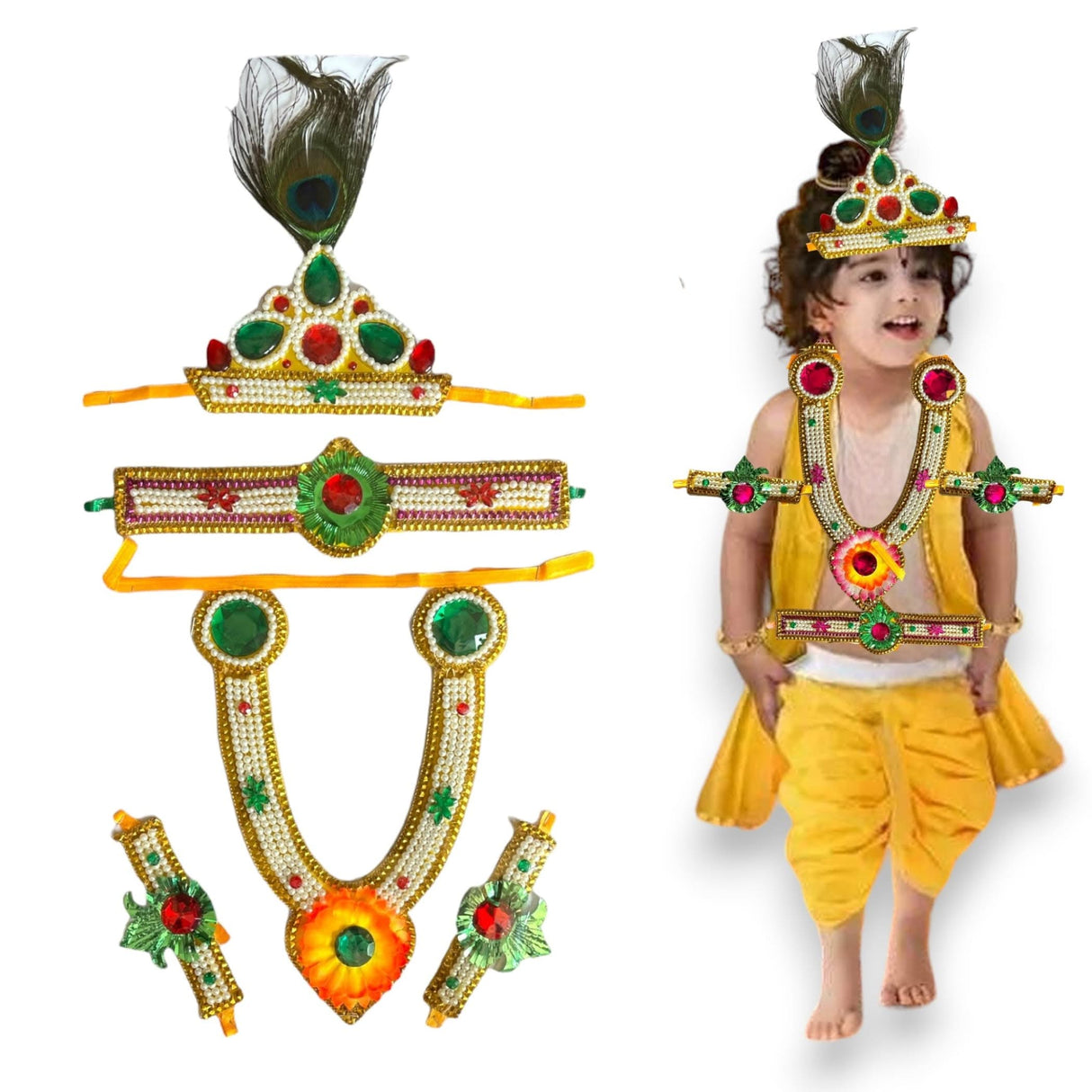Krishna Jewelry Set for Janmashtami Celebration Krishna Leela Complete Accessories Makhan Chor Kanha Jewelry Set - Mukut Necklace Waist & Arm Band - LoveNspire
