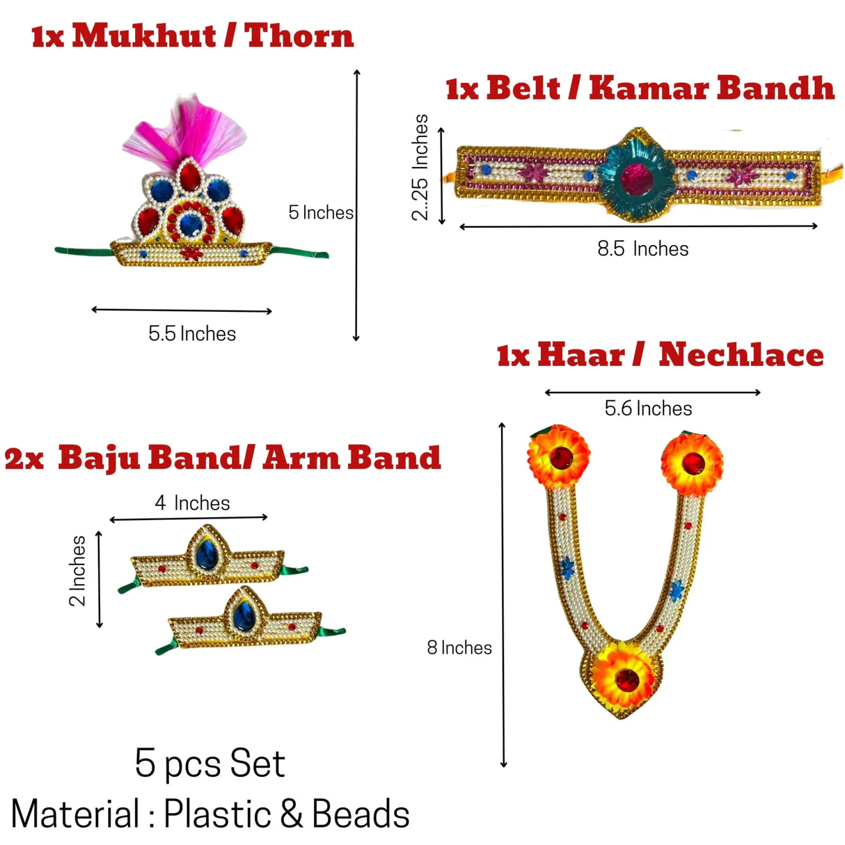 Krishna Jewelry Set for Janmashtami Celebration Krishna Leela Complete Accessories Makhan Chor Kanha Jewelry Set - Mukut Necklace Waist & Arm Band (5 Pcs Set) - LoveNspire