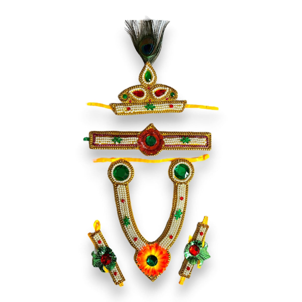 Krishna Jewelry Set for Janmashtami Celebration Krishna Leela Complete Accessories Makhan Chor Kanha Jewelry Set - Multi Color Mukut Necklace Waist & Arm Band - LoveNspire