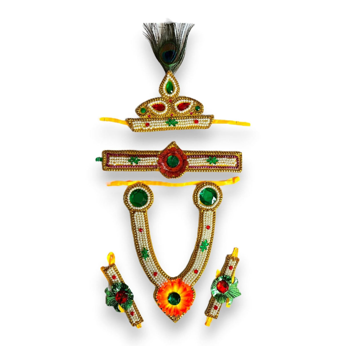 Krishna Jewelry Set for Janmashtami Celebration Krishna Leela Complete Accessories Makhan Chor Kanha Jewelry Set - Multi Color Mukut Necklace Waist & Arm Band - LoveNspire