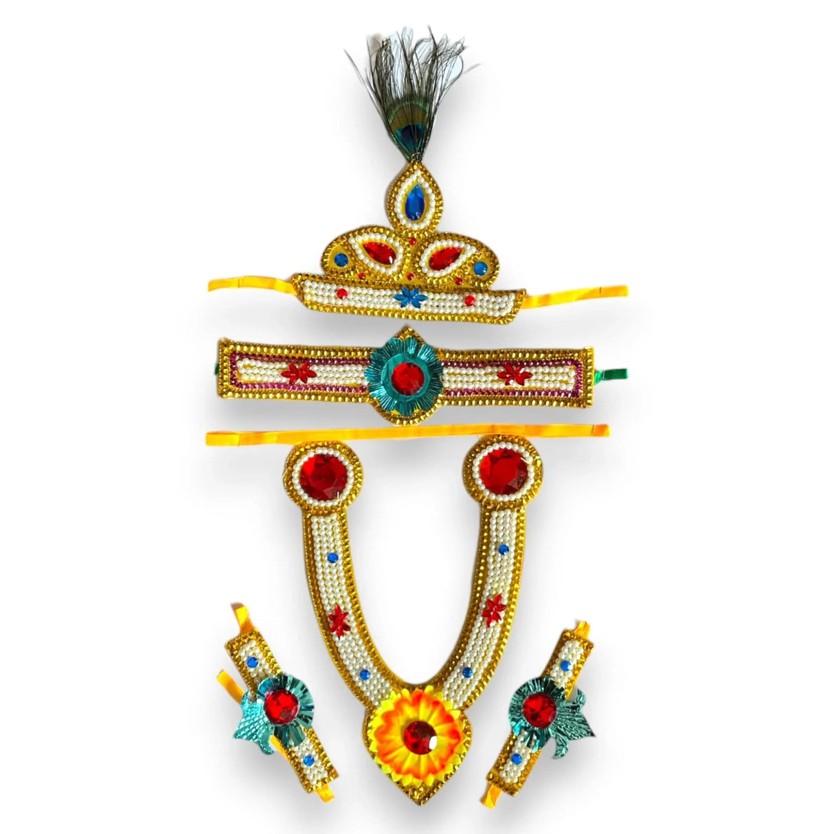Krishna Jewelry Set for Janmashtami Celebration Krishna Leela Complete Accessories Makhan Chor Kanha Jewelry Set - Multi Color Mukut Necklace Waist & Arm Band - LoveNspire
