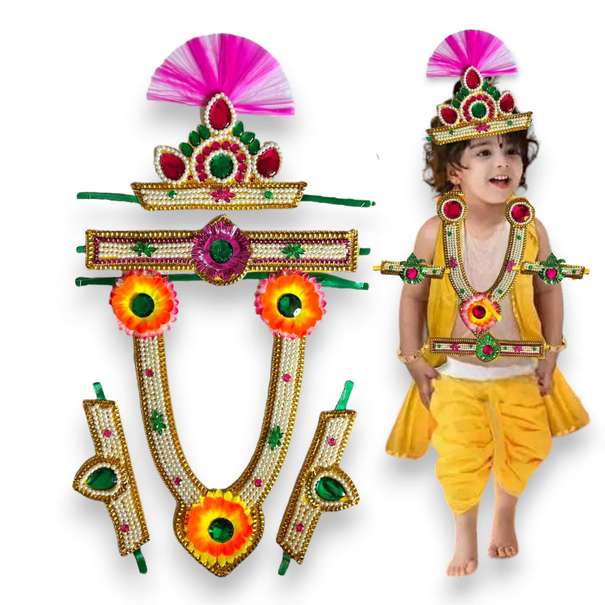 Krishna Jewelry Set for Janmashtami Celebration Makhan Chor Kanha Jewelry Set Krishna Leela Complete Accessories - Mukut Necklace Waist & Arm Band (5 Pcs Set) - LoveNspire