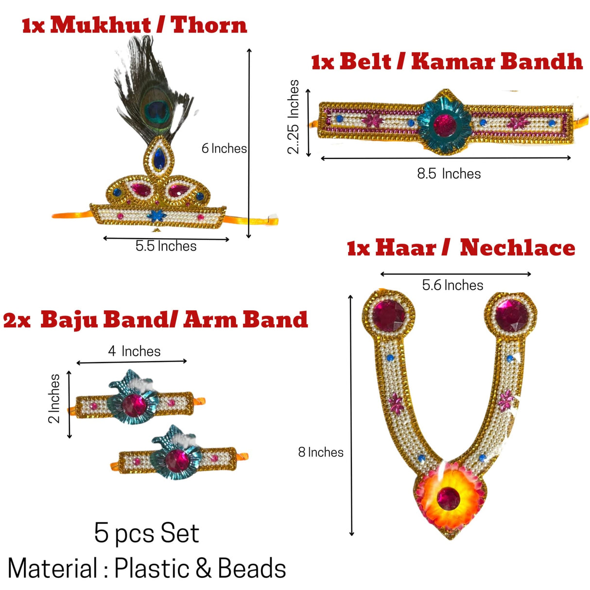 Krishna Jewelry Set for Janmashtami Celebration Krishna Leela Complete Accessories Makhan Chor Kanha Jewelry Set - Multi Color Mukut Necklace Waist & Arm Band - LoveNspire