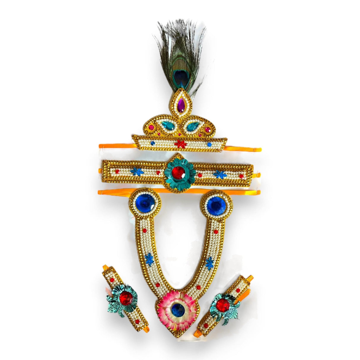 Krishna Jewelry Set for Janmashtami Celebration Krishna Leela Complete Accessories Makhan Chor Kanha Jewelry Set - Multi Color Mukut Necklace Waist & Arm Band - LoveNspire