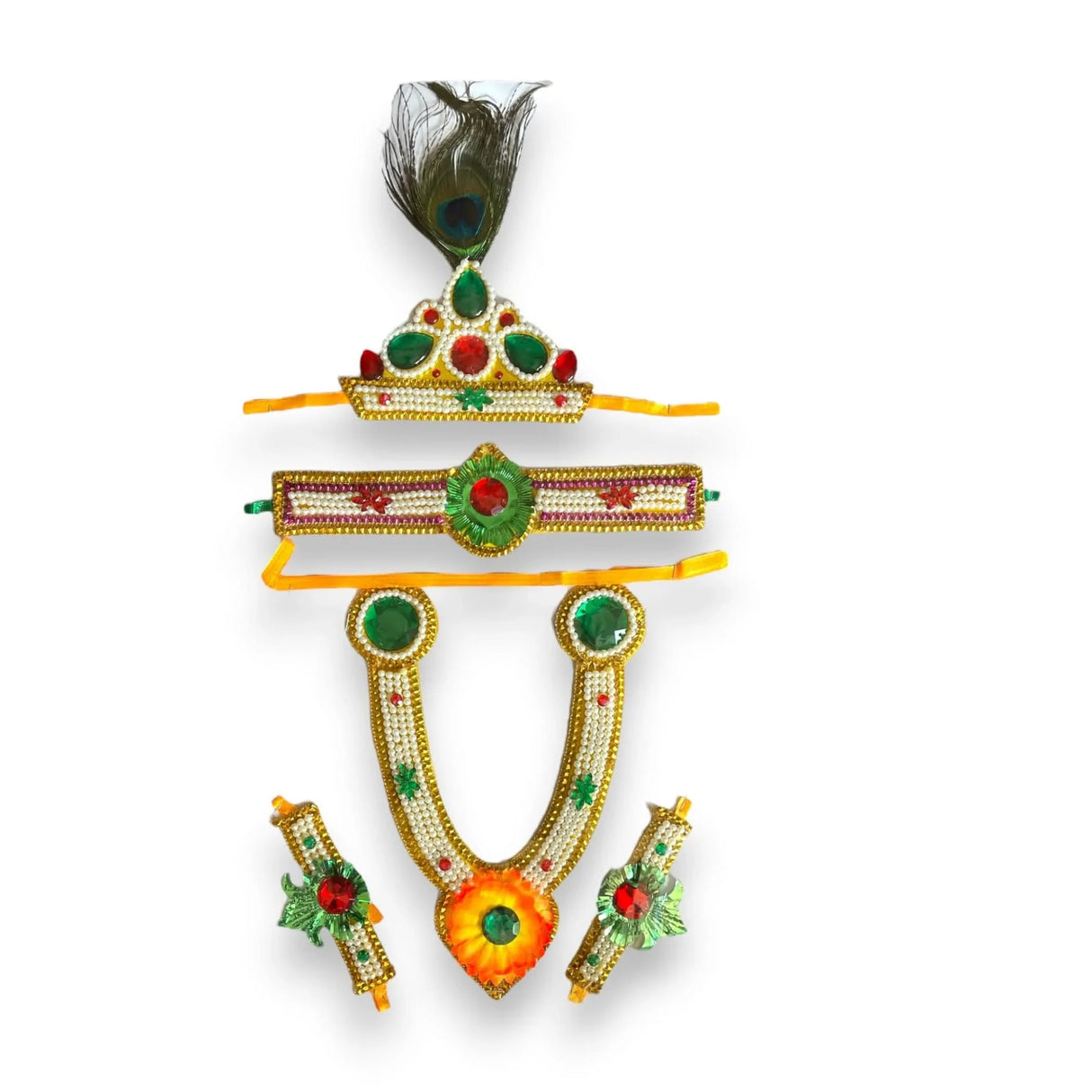 Krishna Jewelry Set for Janmashtami Celebration Krishna Leela Complete Accessories Makhan Chor Kanha Jewelry Set - Mukut Necklace Waist & Arm Band - LoveNspire